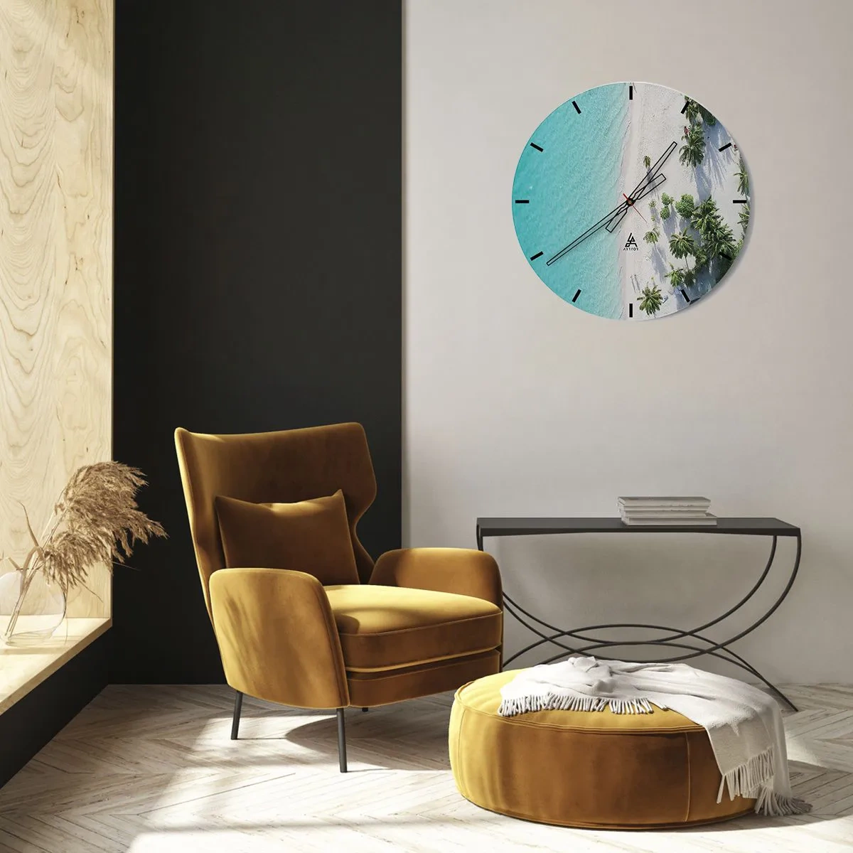 Reloj de pared - Reloj de vidrio - Vista superior de la playa con agua turquesa y palmeras. - 30x30cm - Vacaciones en el paraíso - Decoración de pared moderna para salón, cocina y dormitorio ARTTOR