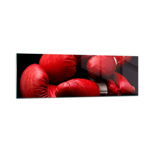 Cuadro sobre vidrio - Impresiones sobre Vidrio - Guantes de boxeo rojos sobre fondo negro - 160x50cm - La emoción del combate quedó atrás - Decoración de pared moderna para salón y dormitorio ARTTOR