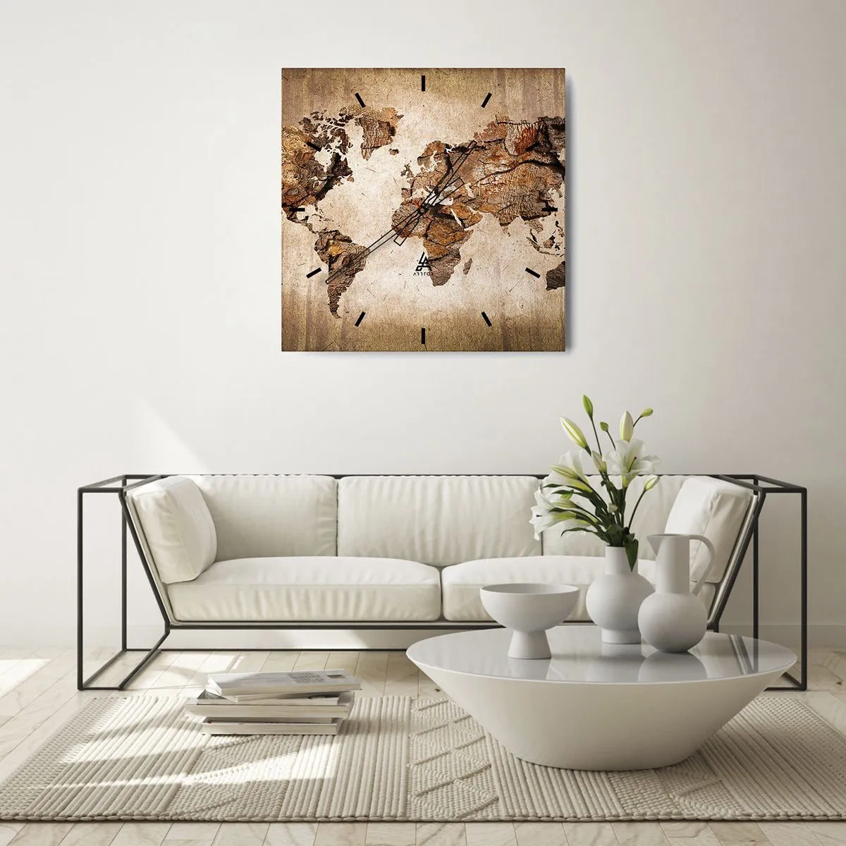 Reloj de pared - Reloj de vidrio - Un mapa del mundo en estilo rústico de madera. - 30x30cm - El descubrimiento del mundo - Decoración de pared moderna para salón y dormitorio ARTTOR