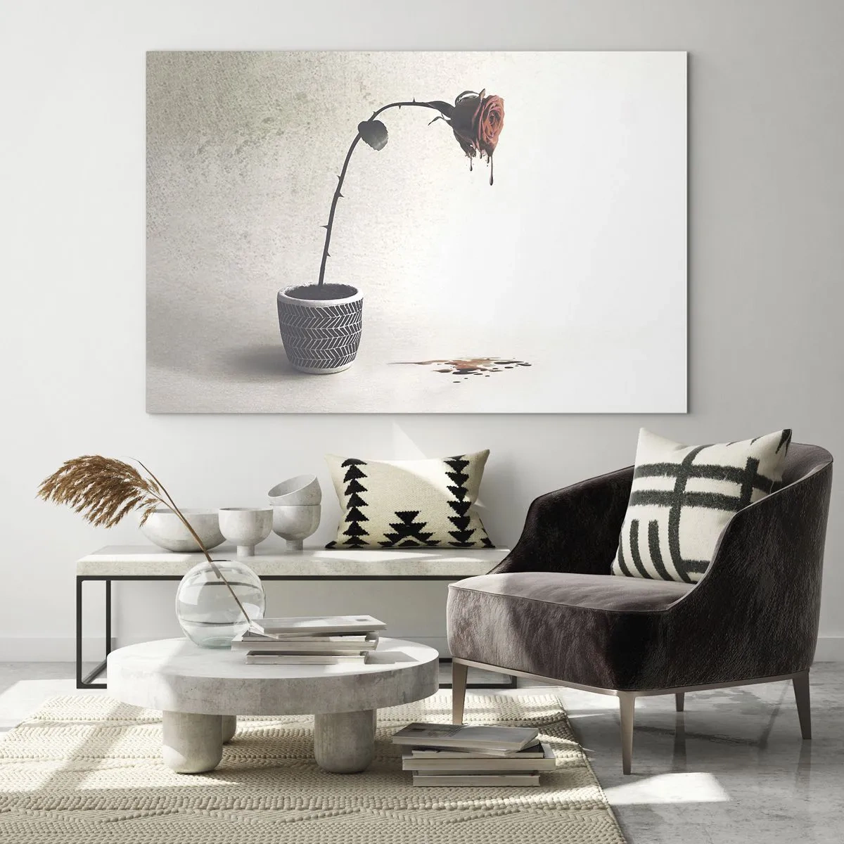 Cuadro sobre vidrio - Impresiones sobre Vidrio - Una rosa simbólica en una maceta con pintura goteando. - 100x70cm - Rosa dolorosa - Decoración de pared moderna para salón y dormitorio ARTTOR