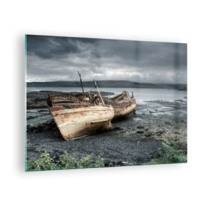 Cuadro sobre vidrio - Impresiones sobre Vidrio - Dos barcos de madera destartalados en la orilla rocosa del lago - 70x50cm - Muestra de un trabajo dignamente realizado - Decoración de pared moderna para salón y dormitorio ARTTOR