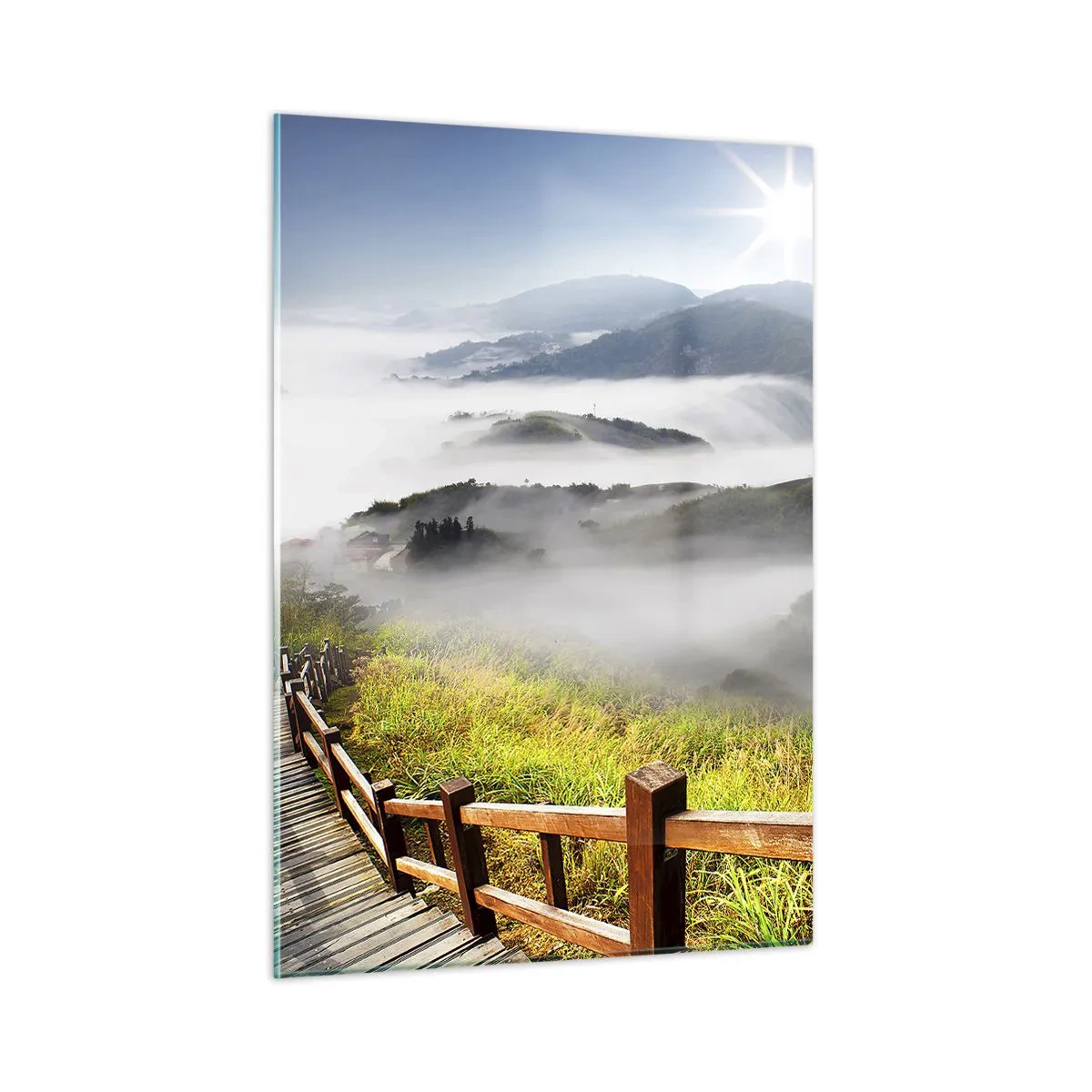 Cuadro sobre vidrio - Impresiones sobre Vidrio - Paisaje de montaña con niebla y un camino de madera al amanecer. - 50x70cm - Tejido de resplandor y niebla - Decoración de pared moderna para salón y dormitorio ARTTOR