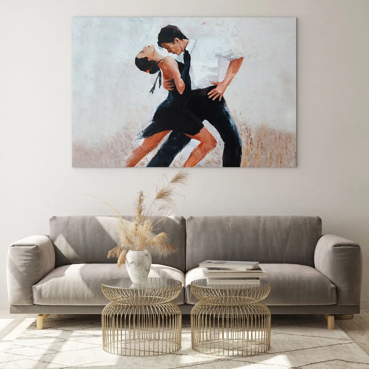 Cuadro sobre vidrio - Impresiones sobre Vidrio - Una pareja bailando tango en una pose dinámica. - 120x80cm - El tango de mis sueños - Decoración de pared moderna para salón y dormitorio ARTTOR