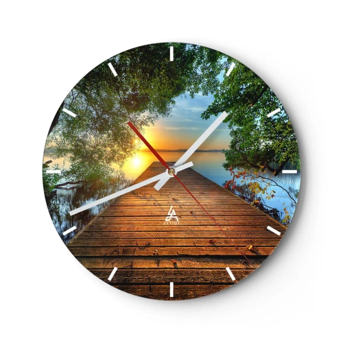 Reloj de pared - Reloj de vidrio - Un embarcadero de madera que conduce al lago al atardecer. - 30x30cm - Tómate tu tiempo, siéntate - Decoración de pared moderna para salón, cocina y dormitorio ARTTOR
