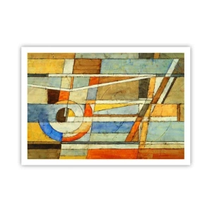 Póster - Abstracción geométrica en tonos beige, azul y naranja. - 100x70cm - Cubismo en una obra - Decoración de pared moderna para salón y dormitorio ARTTOR