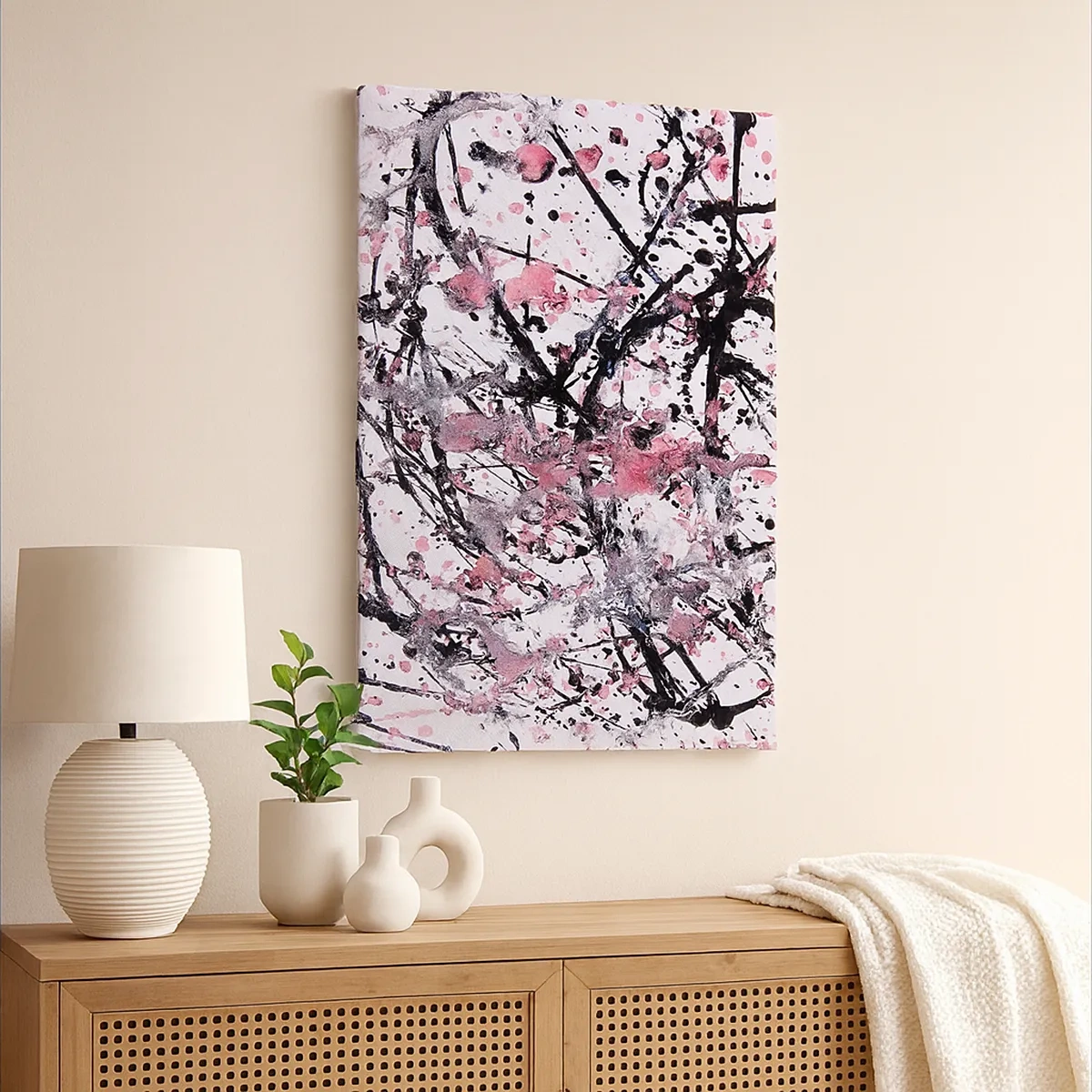 Cuadro sobre lienzo - Impresión de Imagen - Patrón abstracto en tonos rosa, negro y blanco. - 50x70cm - La fugacidad de la vida - Decoración de pared moderna para salón y dormitorio ARTTOR