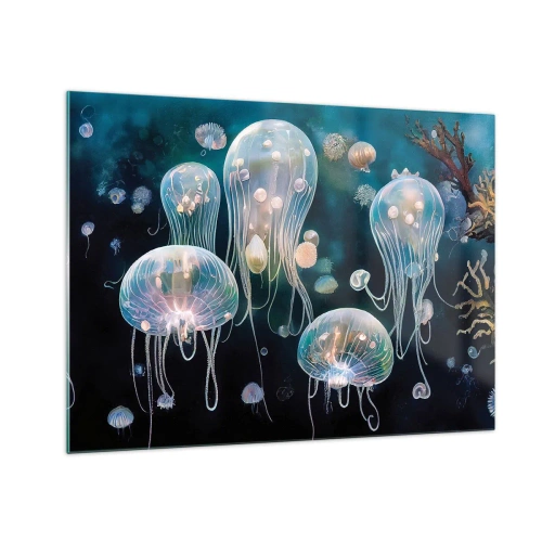 Cuadro sobre vidrio - Impresiones sobre Vidrio - Medusas en la danza luminosa del mundo submarino - 70x50cm - Globos submarinos - Decoración de pared moderna para salón y dormitorio ARTTOR