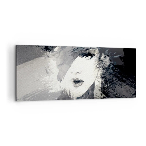 Cuadro sobre lienzo - Impresión de Imagen - Un retrato abstracto de una mujer en tonos grises con acentos delicados. - 120x50cm - Tras un velo gris - Decoración de pared moderna para salón y dormitorio ARTTOR