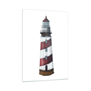 Cuadro sobre vidrio - Impresiones sobre Vidrio - Faro rojo y blanco sobre fondo blanco. - 50x70cm - Siempre en guardia - Decoración de pared moderna para salón y dormitorio ARTTOR