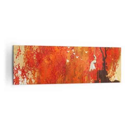 Cuadro sobre lienzo - Impresión de Imagen - Una figura en un columpio junto a un árbol rodeado de hojas rojas. - 160x50cm - ¿Volará con ellos? - Decoración de pared moderna para salón y dormitorio ARTTOR
