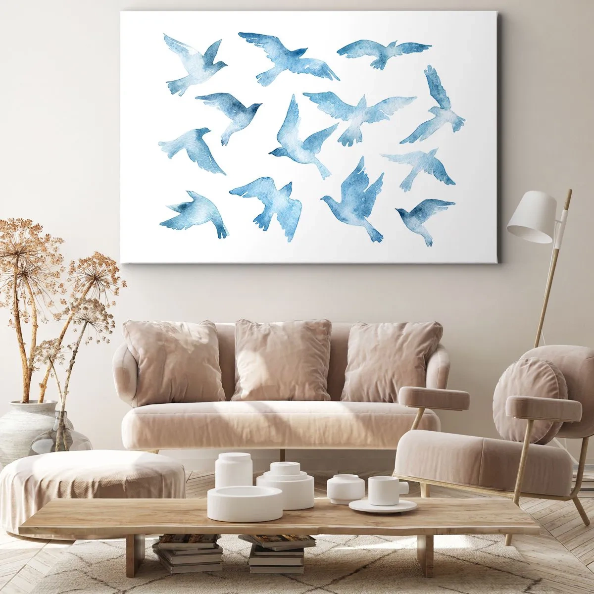 Cuadro sobre lienzo - Impresión de Imagen - Una acuarela sutil que representa pájaros voladores. - 70x50cm - Pájaros azules - Decoración de pared moderna para salón y dormitorio ARTTOR