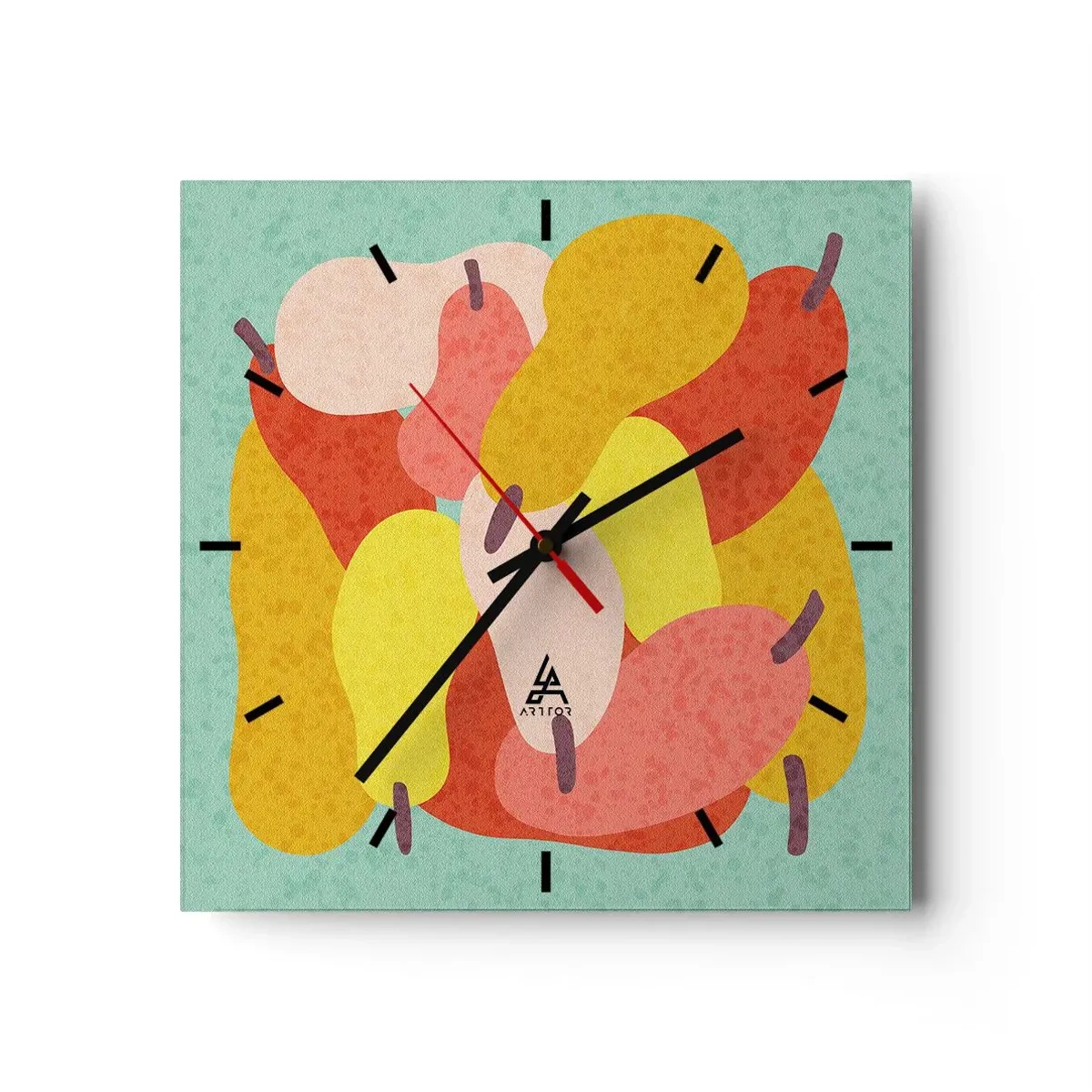 Reloj de pared - Reloj de vidrio - Peras abstractas coloridas sobre un fondo verde - 30x30cm - Saborear el sol del verano - Decoración de pared moderna para salón y dormitorio ARTTOR