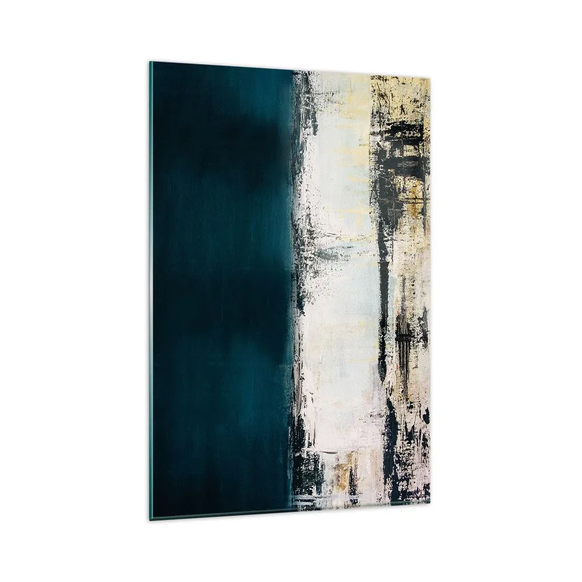 Cuadro sobre vidrio - Impresiones sobre Vidrio - Composición horizontal abstracta en tonos azul marino y blanco. - 80x120cm - Composición horizontal - Decoración de pared moderna para salón y dormitorio ARTTOR