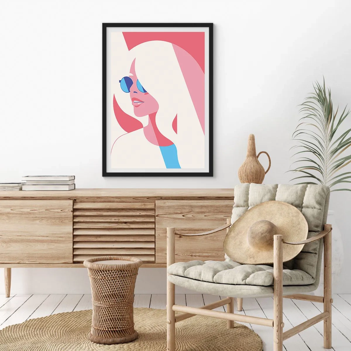 Póster en marco negro - Retrato estilizado de una mujer con gafas de sol. - 50x70cm - Rubia frente al sol - Decoración de pared moderna para salón y dormitorio ARTTOR