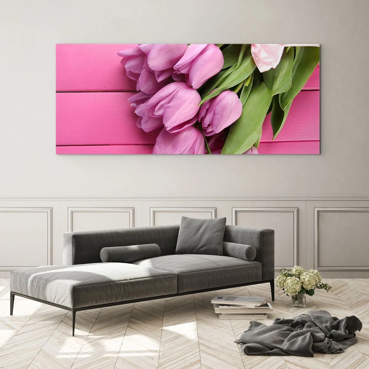 Cuadro sobre vidrio - Impresiones sobre Vidrio - Un ramo de tulipanes rosas con un lazo sobre un fondo rosa. - 140x50cm - Solo para ti - Decoración de pared moderna para salón y dormitorio ARTTOR