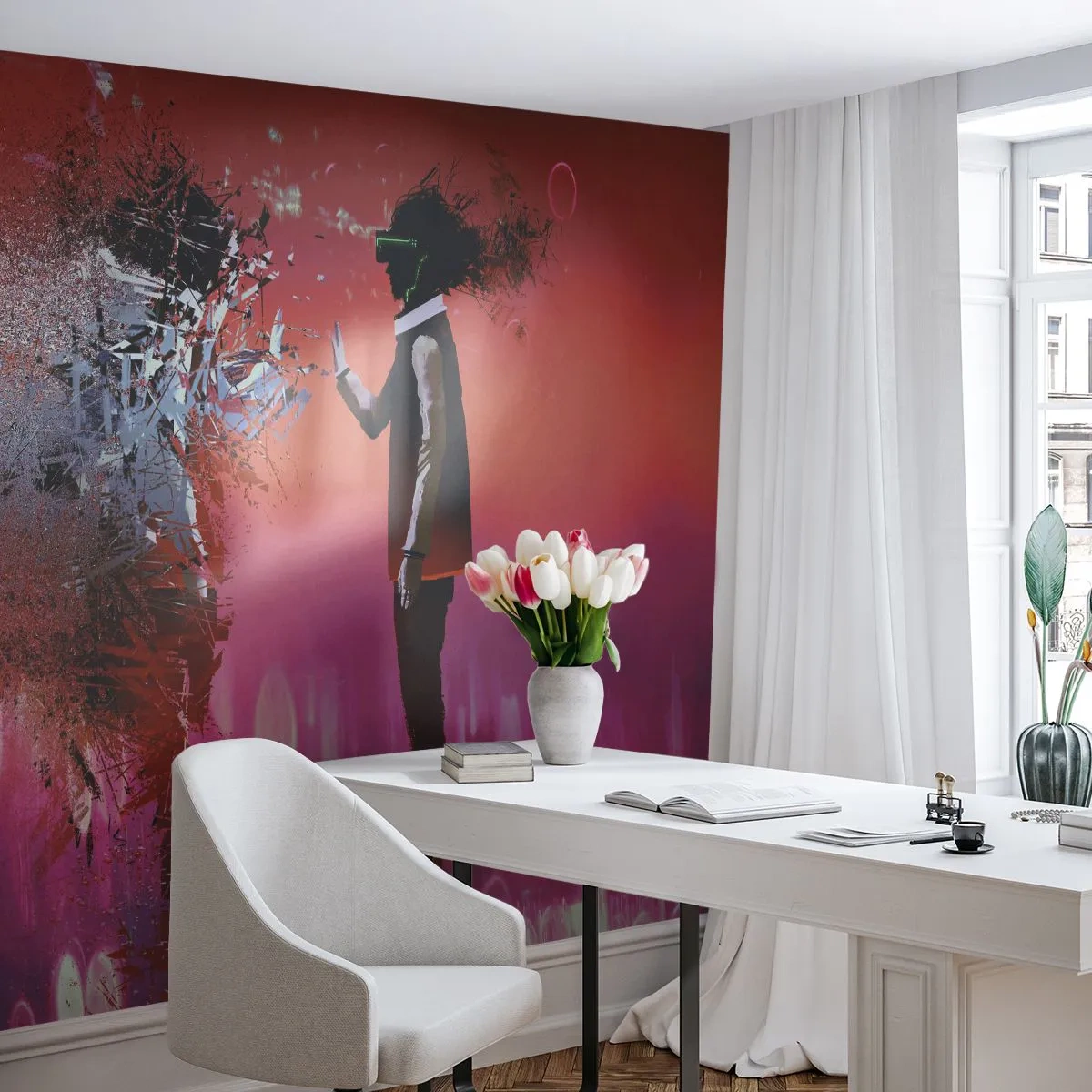 Fotomural Premium Sand - Realidad digital y desintegración del personaje en una visión futurista - 100x70cm - ¿Es posible mirar dentro de uno mismo? - Decoración de pared moderna para salón y dormitorio ARTTOR
