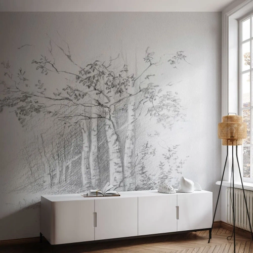 Fotomural Premium Sand - Dibujo a lápiz de abedules en el bosque. - 100x70cm - La luz de un bosque de abedules - Decoración de pared moderna para salón y dormitorio ARTTOR