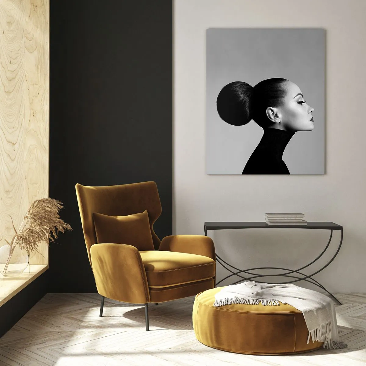 Cuadro sobre vidrio - Impresiones sobre Vidrio - Perfil de una mujer en blanco y negro con un elegante moño. - 80x120cm - Nefertiti contemporánea - Decoración de pared moderna para salón y dormitorio ARTTOR