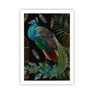 Póster - Un pavo real colorido sobre un fondo de jaulas doradas y hojas verdes. - 50x70cm - Con plumajes reales - Decoración de pared moderna para salón y dormitorio ARTTOR