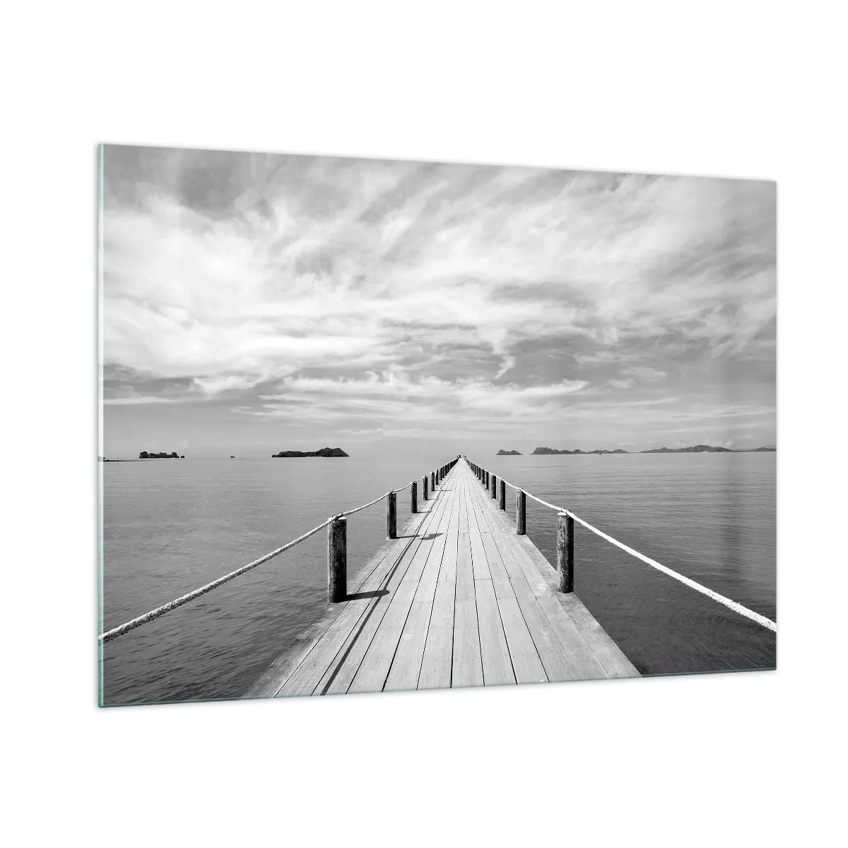 Cuadro sobre vidrio - Impresiones sobre Vidrio - Un muelle de madera que se pierde en la distancia a través de un mar en calma. - 100x70cm - Hora de viajar - Decoración de pared moderna para salón y dormitorio ARTTOR