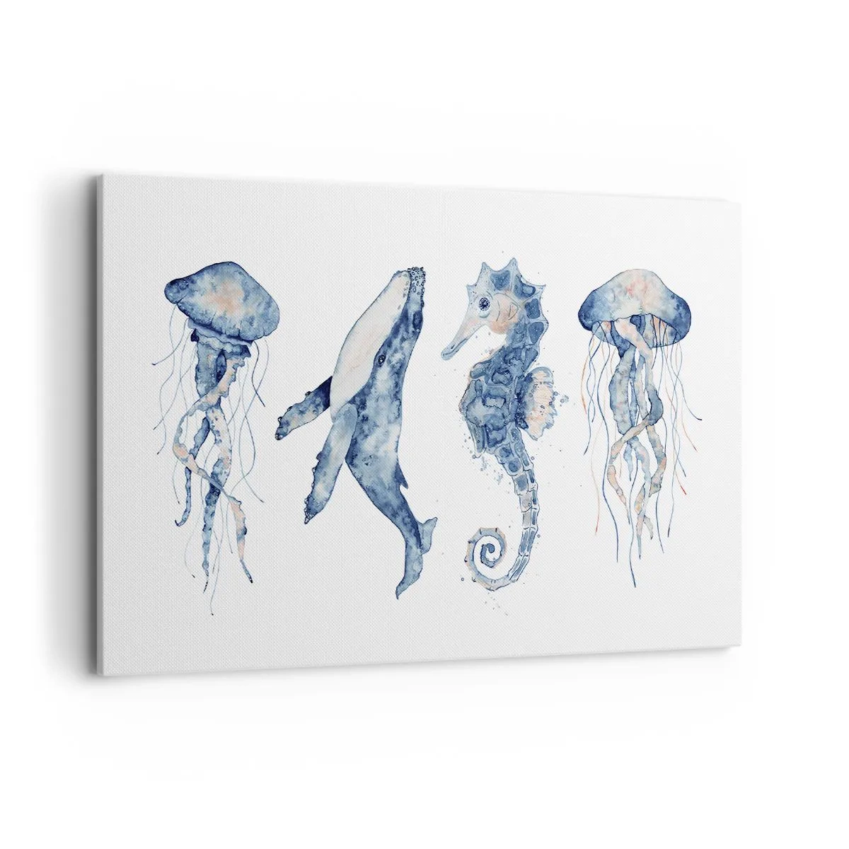 Cuadro sobre lienzo - Impresión de Imagen - Medusa, ballena y caballito de mar en estilo acuarela. - 120x80cm - Fauna marina - Decoración de pared moderna para salón y dormitorio ARTTOR
