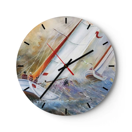 Reloj de pared - Reloj de vidrio - Veleros en un mar tempestuoso en un enfoque artístico - 30x30cm - Surcando las olas - Decoración de pared moderna para salón, cocina y dormitorio ARTTOR