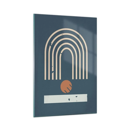 Cuadro sobre vidrio - Impresiones sobre Vidrio - Patrón geométrico en tonos azul marino, beige y naranja sobre un fondo oscuro. - 80x120cm - Geometría sobre azul marino - Decoración de pared moderna para salón y dormitorio ARTTOR