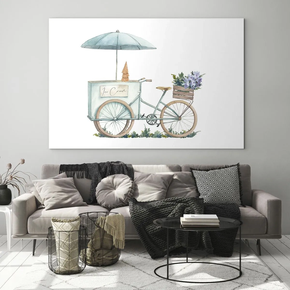 Cuadro sobre vidrio - Impresiones sobre Vidrio - Una bicicleta con helado y flores pastel. - 120x80cm - Dulce recuerdo del verano - Decoración de pared moderna para salón y dormitorio ARTTOR