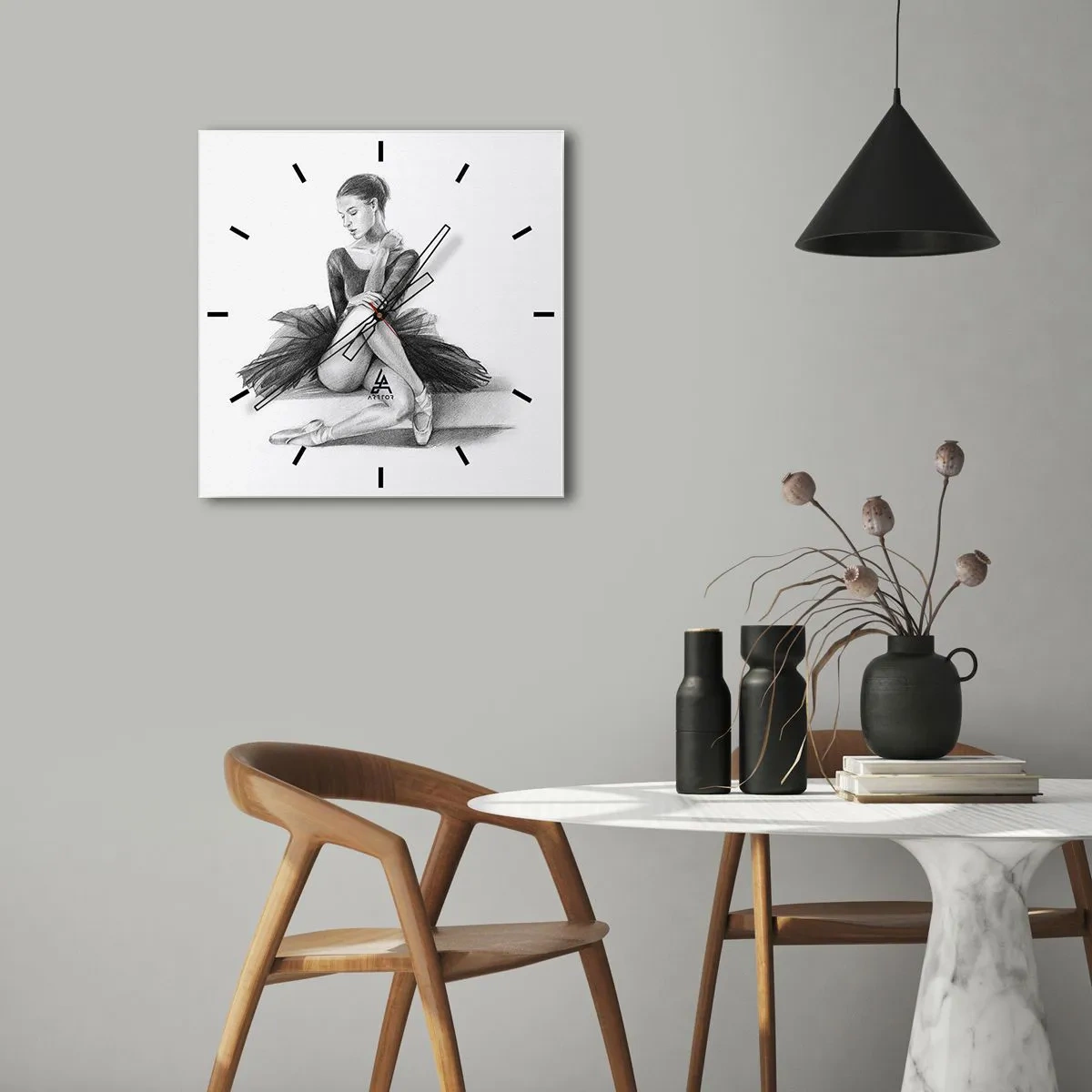 Reloj de pared - Reloj de vidrio - Un boceto de una bailarina en un estilo sutil y clásico. - 30x30cm - Amante de la danza - Decoración de pared moderna para salón y dormitorio ARTTOR