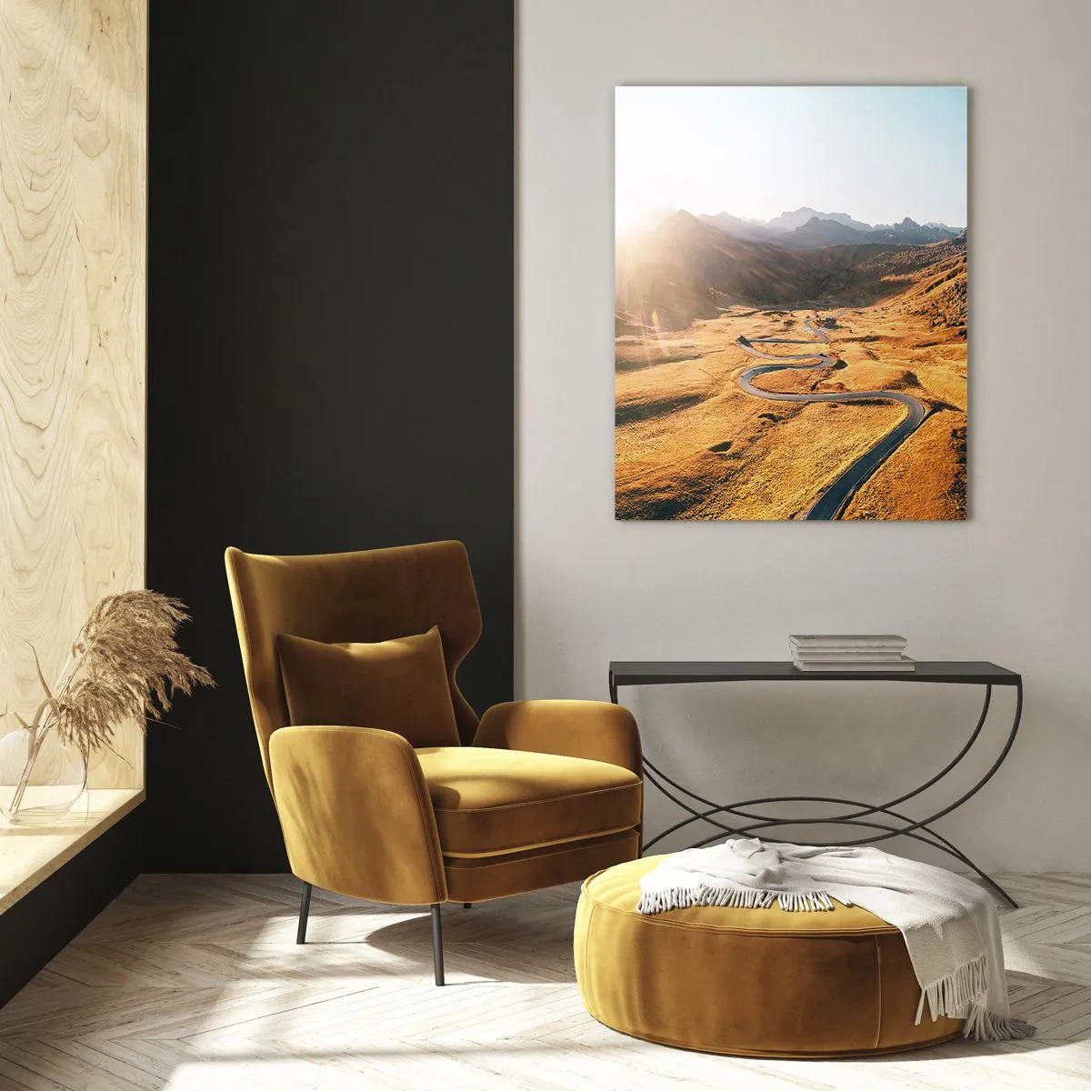 Cuadro sobre vidrio - Impresiones sobre Vidrio - Un camino sinuoso en las montañas iluminado por el sol poniente. - 80x120cm - En un valle dorado - Decoración de pared moderna para salón y dormitorio ARTTOR