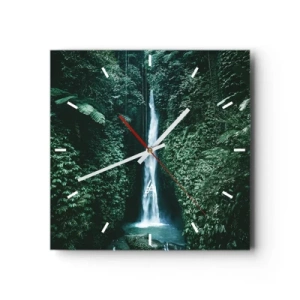Reloj de pared - Reloj de vidrio - Una cascada rodeada de densa vegetación tropical. - 30x30cm - Balneario tropical - Decoración de pared moderna para salón y dormitorio ARTTOR