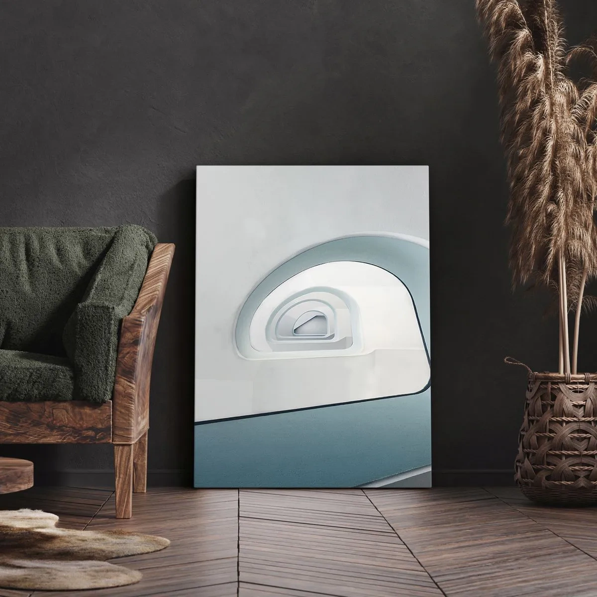 Cuadro sobre lienzo - Impresión de Imagen - Arquitectura minimalista con líneas redondeadas. - 80x120cm - Espiral del río azul - Decoración de pared moderna para salón y dormitorio ARTTOR