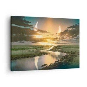 Cuadro sobre lienzo - Impresión de Imagen - Un paisaje fantástico con dos lunas en el horizonte. - 70x50cm - En algún lugar de una galaxia muy, muy lejana - Decoración de pared moderna para salón y dormitorio ARTTOR