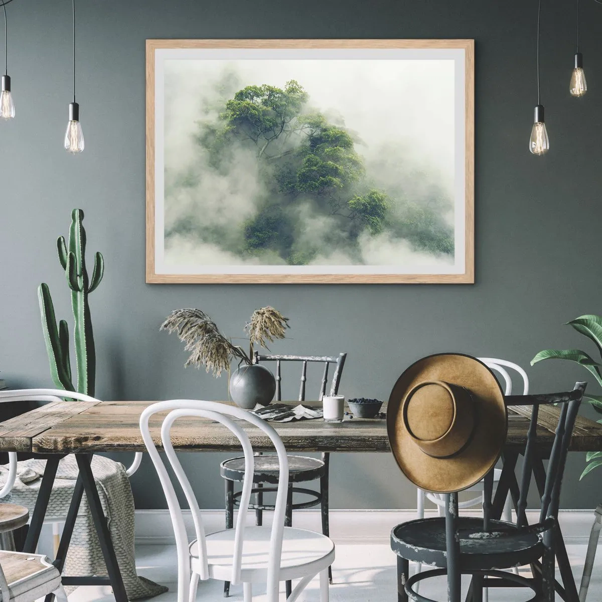 Póster en marco roble claro - Envuelto en niebla - 50x40 cm