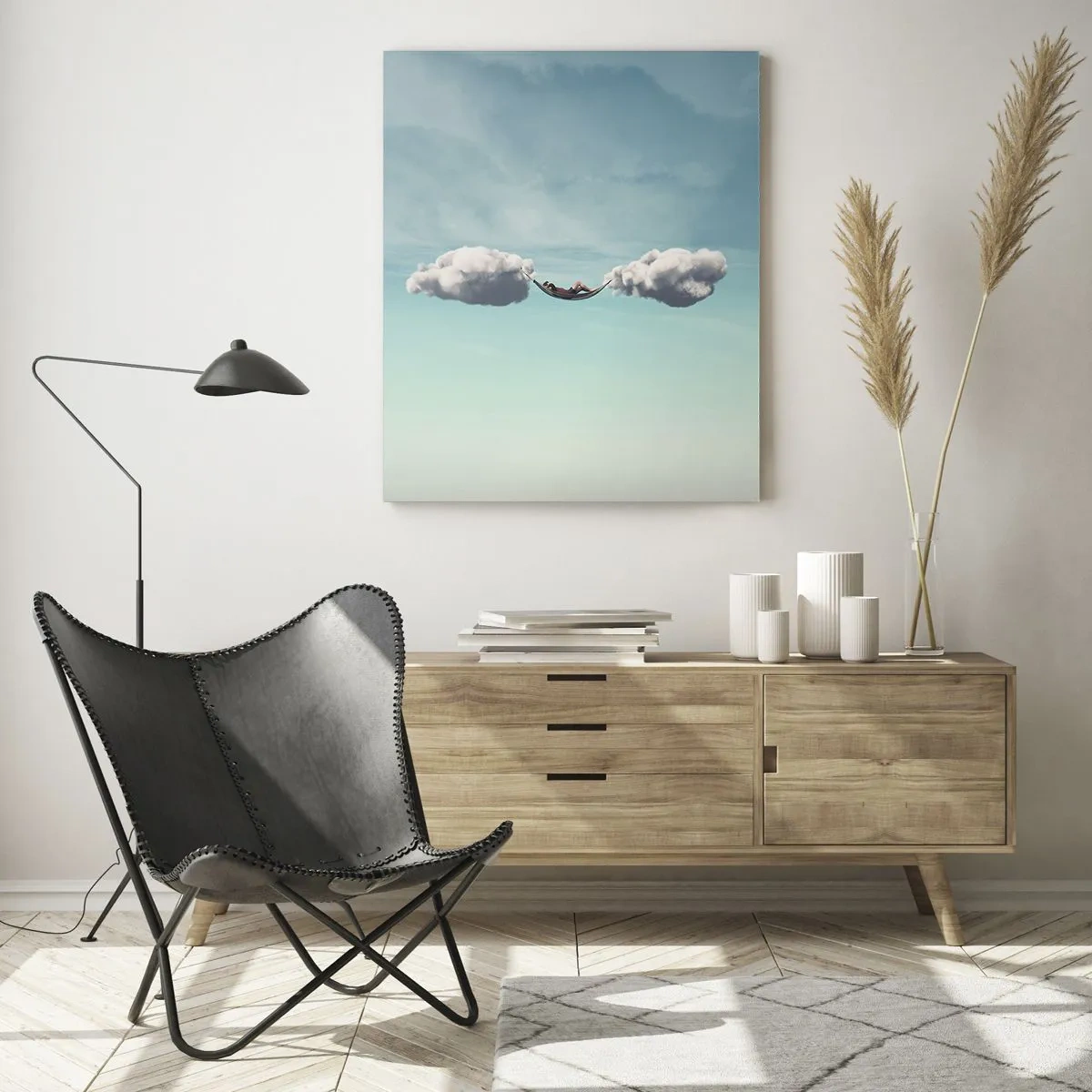 Cuadro sobre vidrio - Impresiones sobre Vidrio - Una persona relajándose en una hamaca suspendida en las nubes. - 70x100cm - La felicidad del momento - Decoración de pared moderna para salón y dormitorio ARTTOR