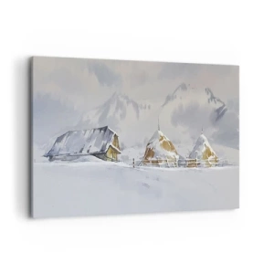 Cuadro sobre lienzo - Impresión de Imagen - Paisaje invernal con una cabaña y pajares en las montañas - 100x70cm - En un valle nevado - Decoración de pared moderna para salón y dormitorio ARTTOR
