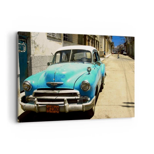 Cuadro sobre lienzo - Impresión de Imagen - Un coche clásico azul en la calle en un día soleado. - 120x80cm - ¡Viva Cuba! - Decoración de pared moderna para salón y dormitorio ARTTOR
