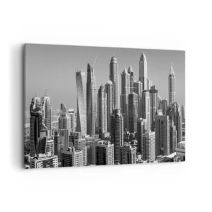 Cuadro sobre lienzo - Impresión de Imagen - Panorama de rascacielos modernos en tonos monocromáticos. - 120x80cm - Ciudad sobre el desierto - Decoración de pared moderna para salón y dormitorio ARTTOR