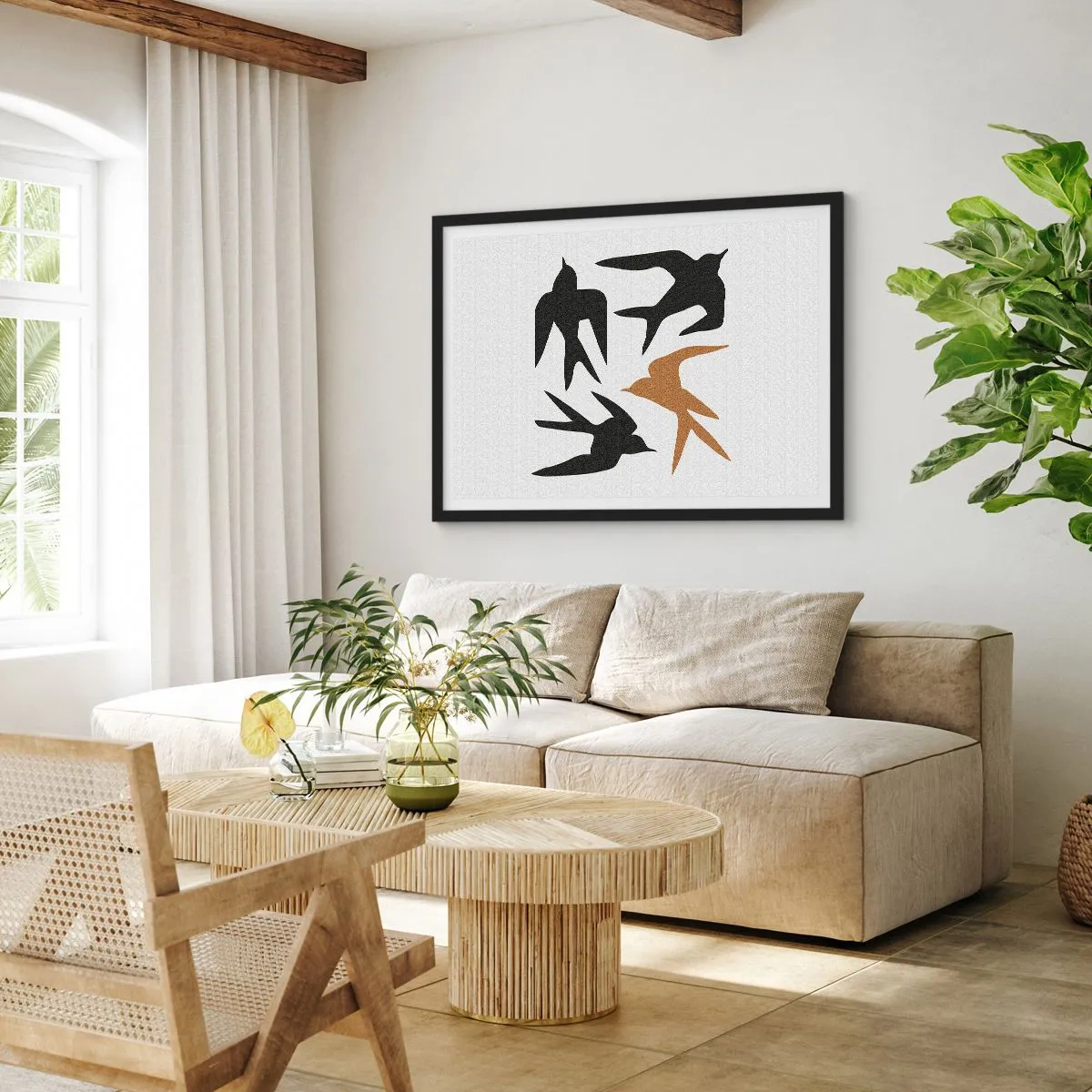 Póster en marco negro - Siluetas de golondrinas en negro y dorado - 100x70cm - Juegos de golondrinas - Decoración de pared moderna para salón y dormitorio ARTTOR