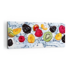Cuadro sobre lienzo - Impresión de Imagen - Frutas coloridas sumergidas en salpicaduras de agua sobre un fondo blanco - 120x50cm - Juega con nosotros - Decoración de pared moderna para salón y dormitorio ARTTOR