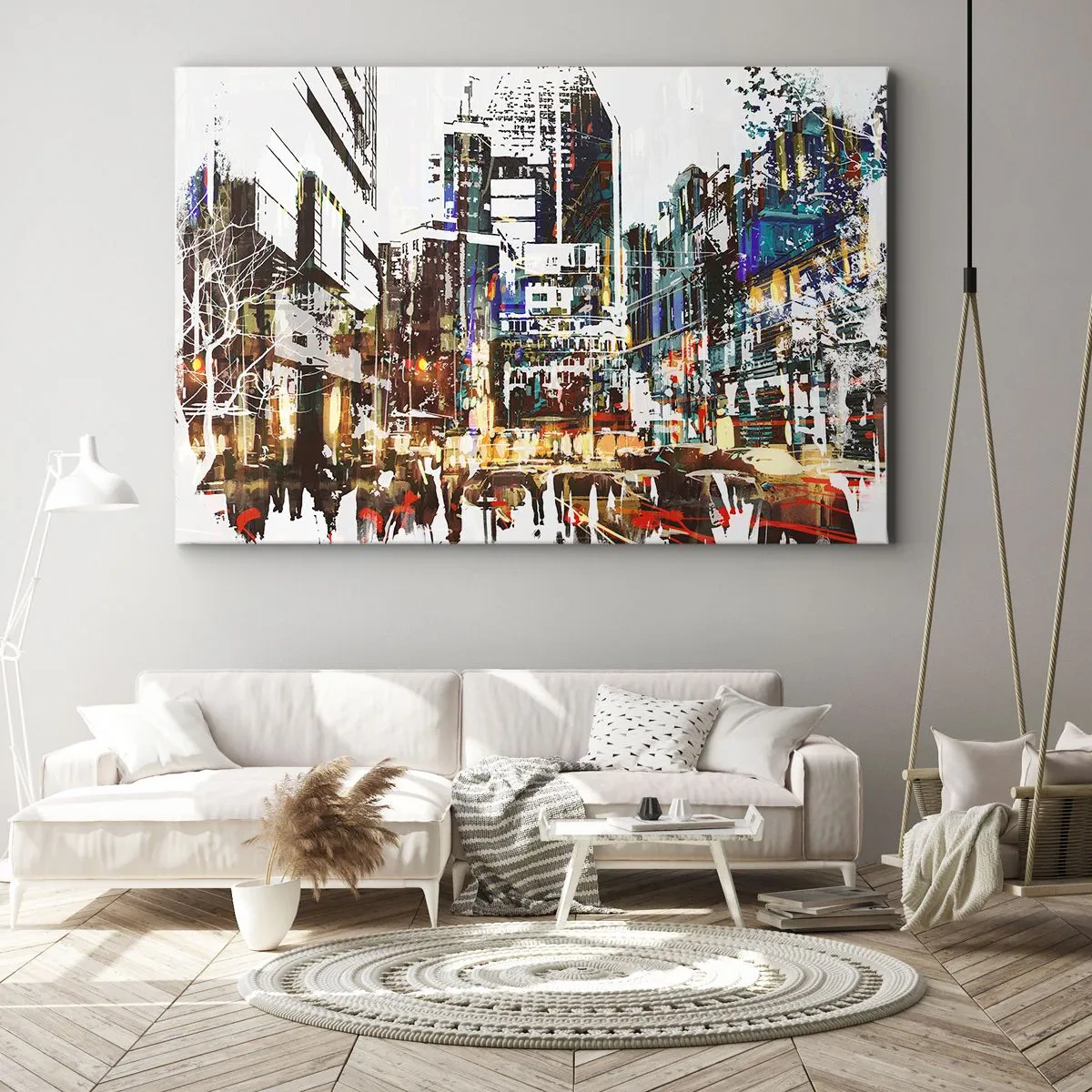 Cuadro sobre lienzo - Impresión de Imagen - Un paisaje urbano moderno de estilo artístico. - 120x80cm - Ciudad parpadeante - Decoración de pared moderna para salón y dormitorio ARTTOR