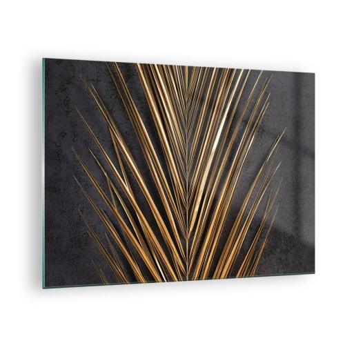 Cuadro sobre vidrio - Impresiones sobre Vidrio - Hoja de palma dorada sobre un fondo oscuro - 70x50cm - El oro de los trópicos - Decoración de pared moderna para salón y dormitorio ARTTOR