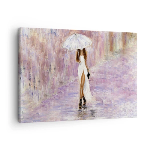 Cuadro sobre lienzo - Impresión de Imagen - Una mujer con paraguas caminando bajo la lluvia en tonos lilas - 70x50cm - En la lluvia de lilas - Decoración de pared moderna para salón y dormitorio ARTTOR
