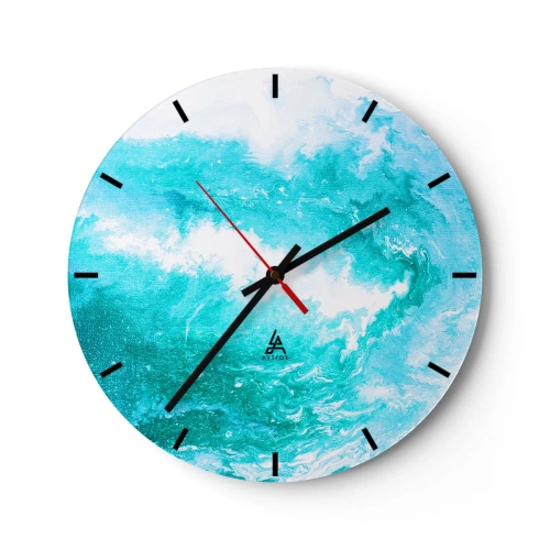 Reloj de pared - Reloj de vidrio - Onda abstracta en tonos azules y turquesas - 30x30cm - En el núcleo del elemento - Decoración de pared moderna para salón, cocina y dormitorio ARTTOR