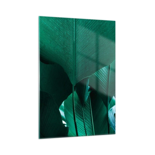 Cuadro sobre vidrio - Impresiones sobre Vidrio - Hojas tropicales en intensos tonos verdes. - 50x70cm - De cara a la luz - Decoración de pared moderna para salón y dormitorio ARTTOR