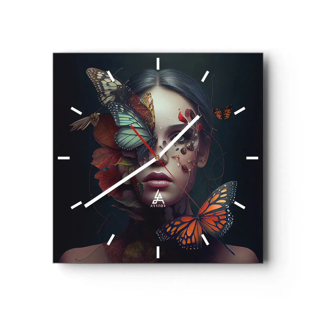 Reloj de pared - Reloj de vidrio - Retrato de una mujer con mariposas y elementos vegetales. - 30x30cm - Una metamorfosis maravillosa - Decoración de pared moderna para salón y dormitorio ARTTOR
