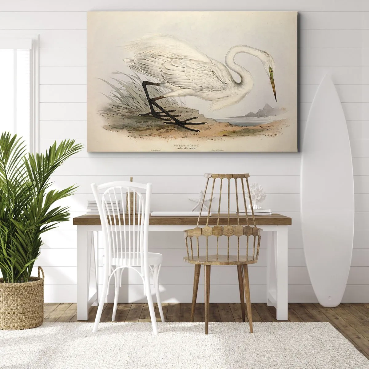 Cuadro sobre lienzo - Impresión de Imagen - Dibujo de una garza blanca sobre un fondo de paisaje natural. - 70x50cm - Dama de los juncos - Decoración de pared moderna para salón y dormitorio ARTTOR