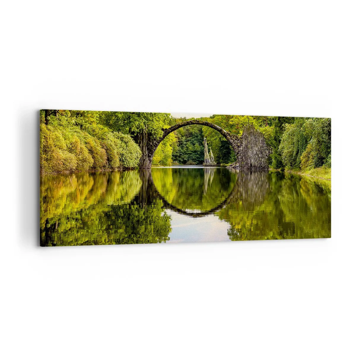Cuadro sobre lienzo - Impresión de Imagen - Un puente de piedra sobre un río con un reflejo perfecto en el agua. - 120x50cm - En el punto de encuentro de dos mundos - Decoración de pared moderna para salón y dormitorio ARTTOR