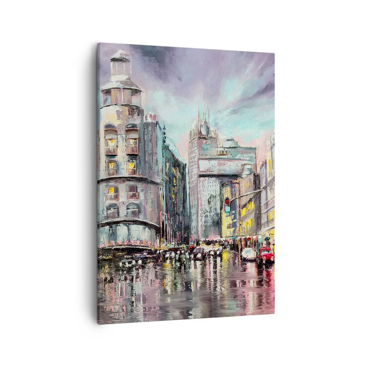 Cuadro sobre lienzo - Impresión de Imagen - Vista nocturna de la ciudad con reflejos en la calle mojada. - 50x70cm - Va a ser una buena noche - Decoración de pared moderna para salón y dormitorio ARTTOR