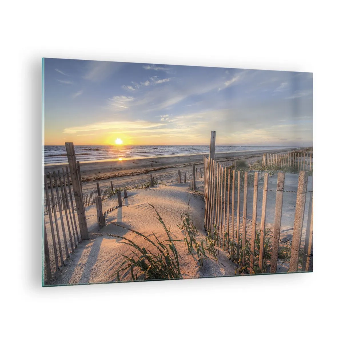 Cuadro sobre vidrio - Impresiones sobre Vidrio - Playa con dunas al atardecer - 70x50cm - El resplandor y la sombra del viento - Decoración de pared moderna para salón y dormitorio ARTTOR